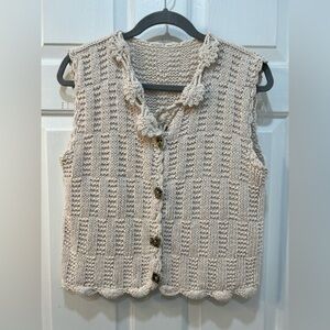 Vintage Ivory Crochet Vest Handmade Size M Hippy Bohemian Grandma Core Knit Gift